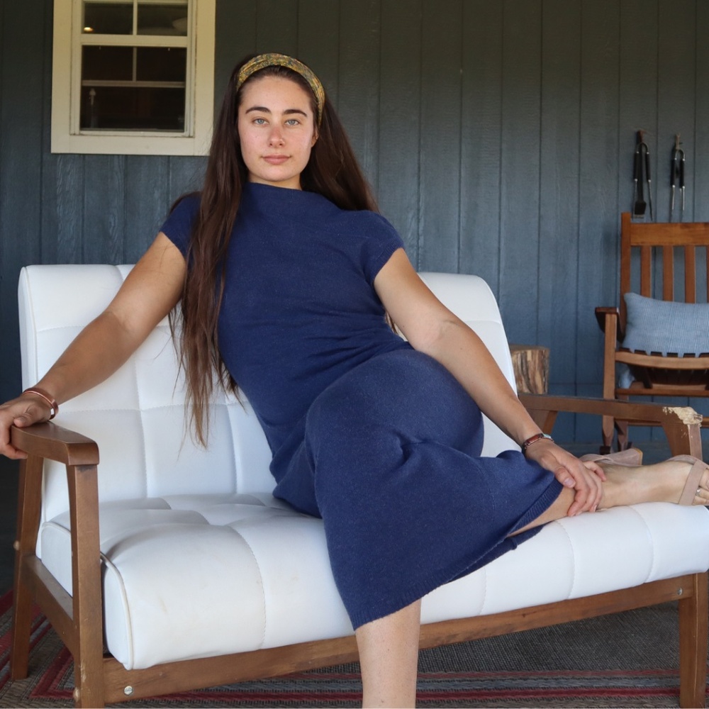 XL Cashmere Midi Dress, Long Sweater Dress, Navy Blue Cashmere Knit Midi Dress - Picture 3 of 8